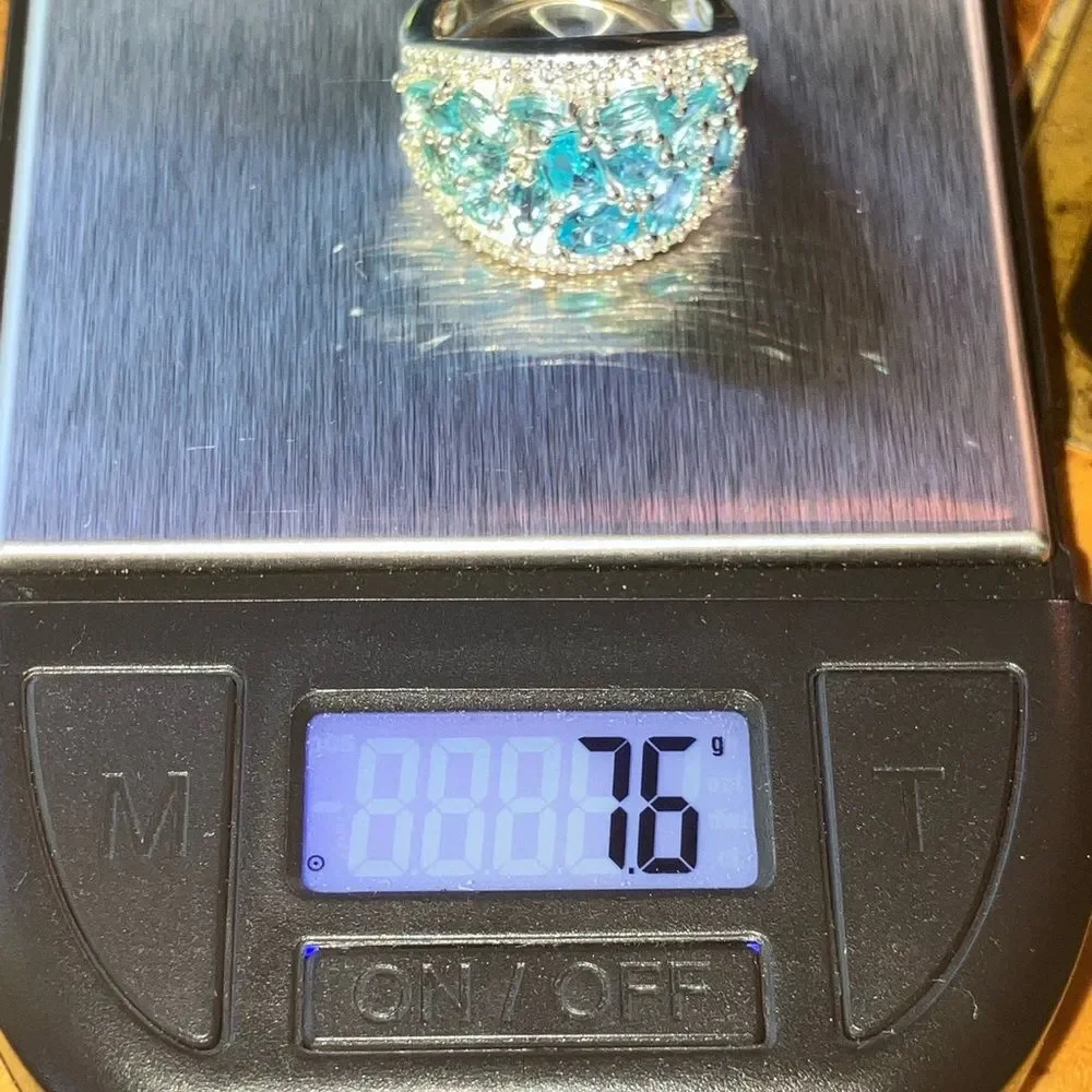 Natural Blue Apatite Moissanite Sterling Silver Cocktail Ring Size 6
